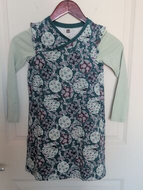 Tea Collection Girls' Teal and Mint Floral Print Long Sleeve Dress
